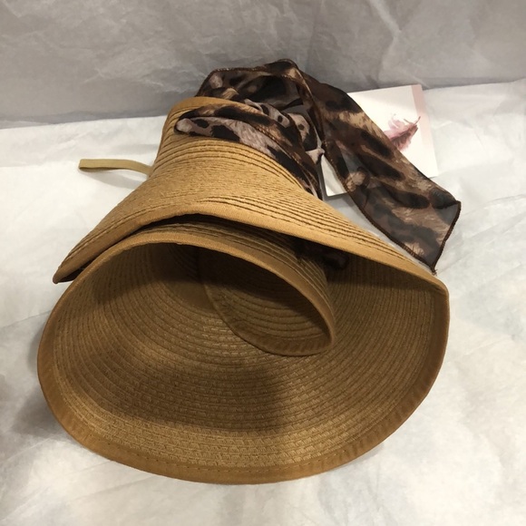 Jessica Simpson tan faux straw packable visor summer hat with animal print scarf main image 10